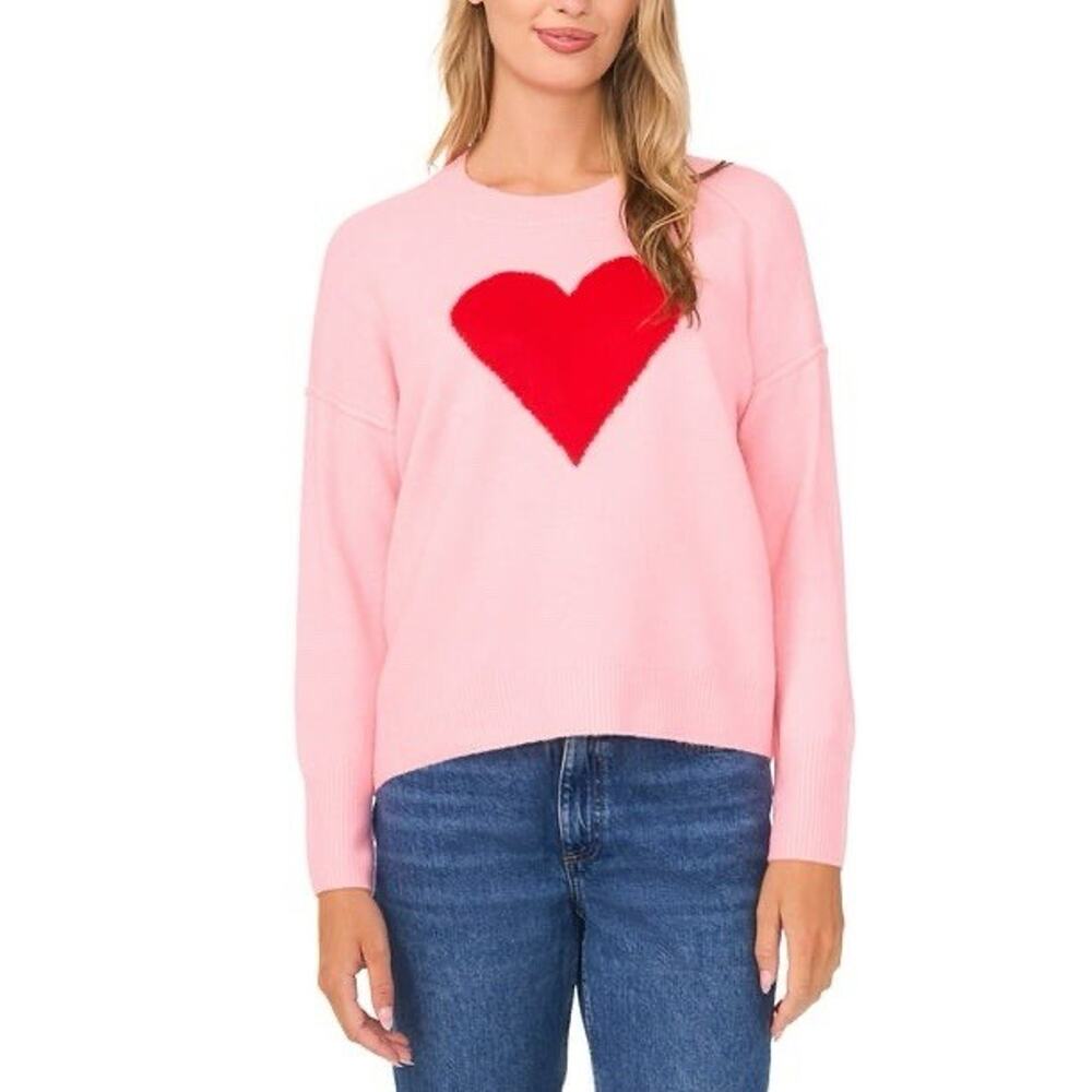 Vince Camuto Womens Pink Long Sleeves Red Heart Pullover Sweater Size Large
